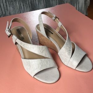 Tahari Cream/tan suede wedge sandals.